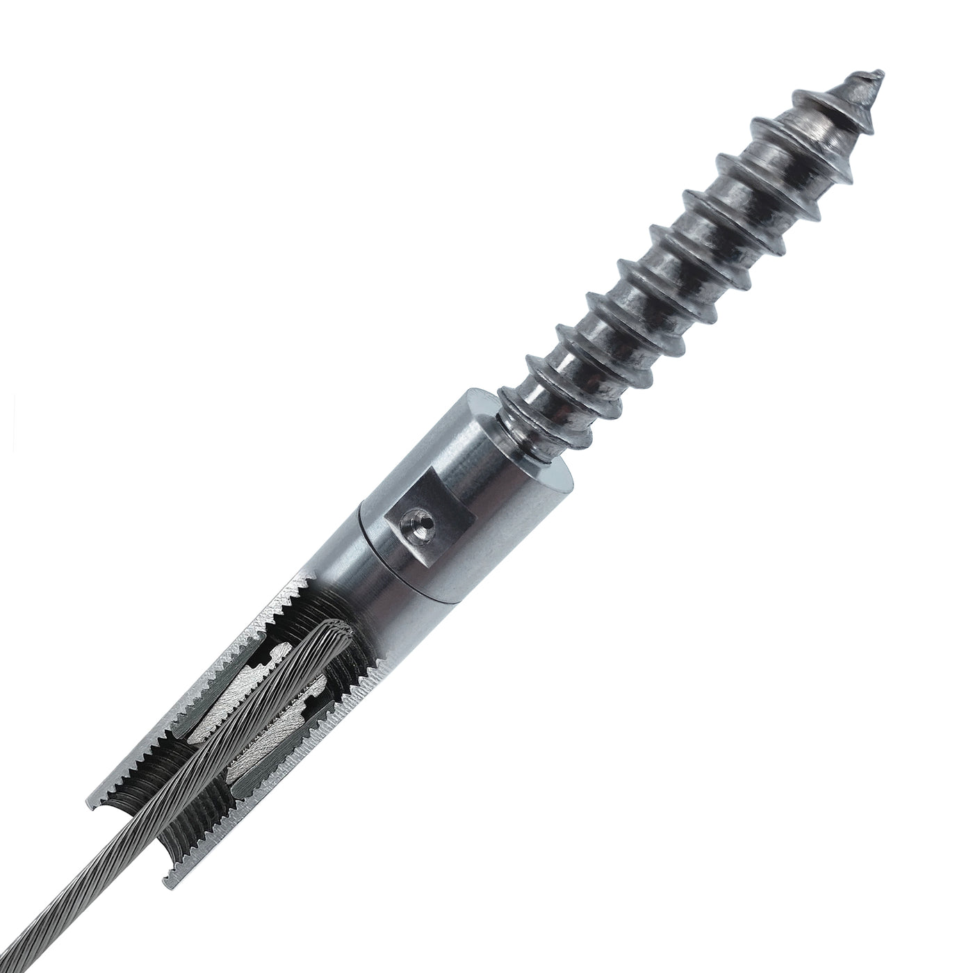 Cutaway view of a Keuka Cable level fitting with lag in a wood post